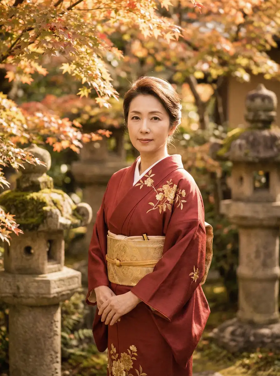 一位身穿暗红色和服的优雅 人妻视频 在日式庭院中